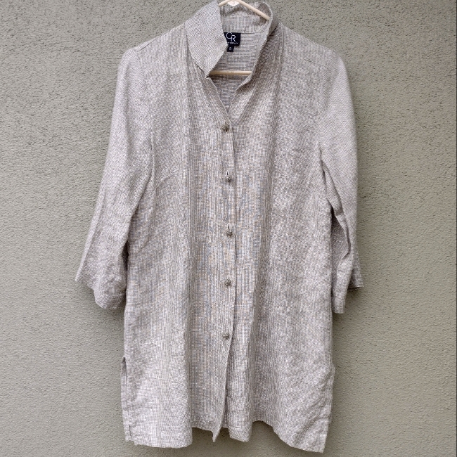 Connie Roberson Olive Green Linen Button-Up Tunic Top Shacket Women's Small